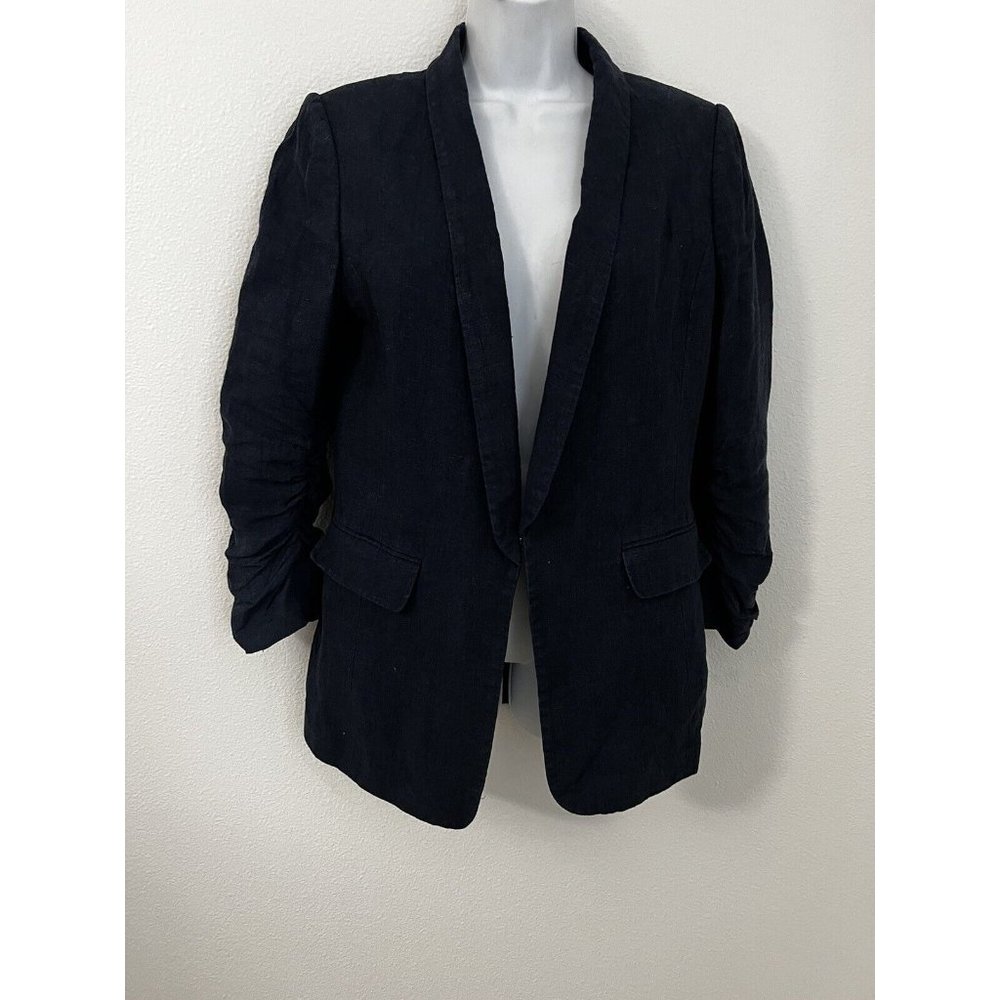 Tahari ASL Women’s 8 Navy Blue Linen Blend Ruched Sleeves Blazer Jacket